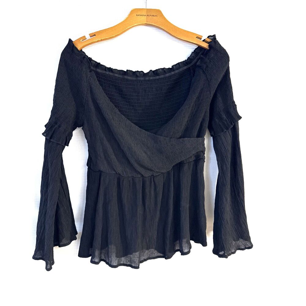 Off the Shoulder Faux-Wrap Blouse with Bell Sleeve and Ruffle - XL